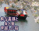 桜の中を進む屋形船