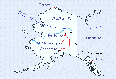 アラスカの地図の1994年に回った場所